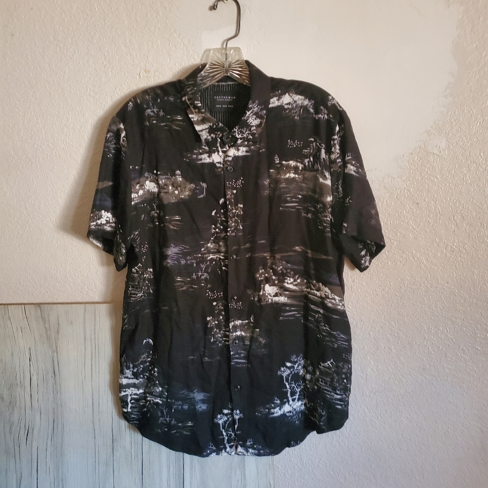 Cactus Man Ricky Singh Short Sleeve Collared Button Black Watercolor Men M Shirt